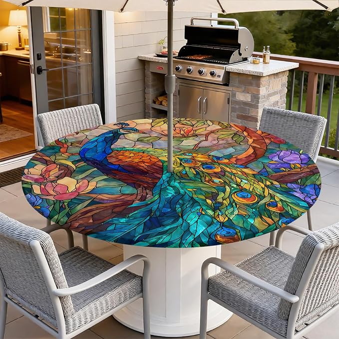 Outdoor Tablecloth with Umbrella Hole and Zipper Fits 49-52" Tables | Waterproof Round Fitted Tablecloth with Elastic Edge, Wipeable Outdoor Table Cover for Patio, Garden, Picnic
