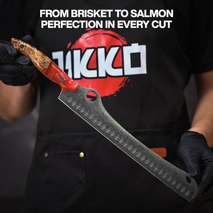Jikko® SteelFang Edition – Japanese Brisket & Fillet Knife Set with Olive Wood & Red Epoxy Resin Handles | Premium Butcher & Carving Knives for Meat, BBQ & Fish – Ultra Sharp Stainless Steel Blades