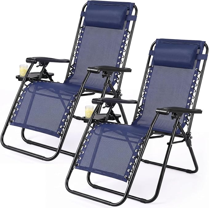 Zero Gravity Chairs Set of 2, Outdoor Folding Lounge Chairs | Foldable Reclining Patio Lawn Chairs with Mesh Back, Adjustable Pillows and Cup Holder Trays, for Pool, Beach, Backyard