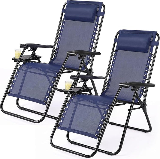 Zero Gravity Chairs Set of 2, Outdoor Folding Lounge Chairs | Foldable Reclining Patio Lawn Chairs with Mesh Back, Adjustable Pillows and Cup Holder Trays, for Pool, Beach, Backyard