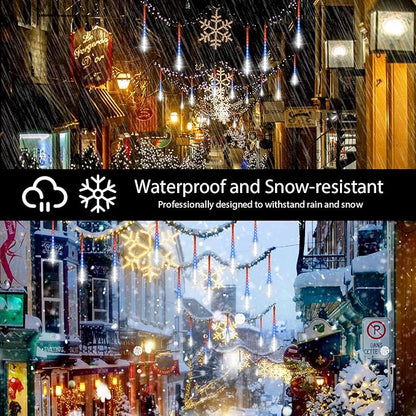 LAMPHOME 12in Red White Blue Patriotic Icicle Lights, 4th of July Outdoor Lights Meteor Shower Snow Falling Lights 10 Tubes 240 LED Waterproof Plug in, Fourth of July Outdoor Decor for Yard Tree House