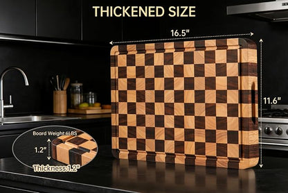 Cutting Boards for Kitchen, Checkered Cutting Board, 1.2" Thick | 16.5" x 11.6" Walnut Wood Chopping Board with Juice Groove&Handle, Double-sided Butcher Block for Prep&Serving with Gift Box