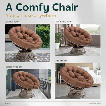 Bme 40" Ergonomic Wicker Papasan Chair with Soft Thick Density Fabric Cushion, High Capacity Steel Frame, 360 Degree Swivel for Living, Bedroom, Reading Room, Lounge, Cinnamon Mocha - Brown Base