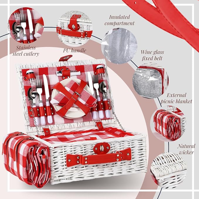 Wicker Picnic Basket Set for 4, Blanket, Cooler Bag, White and Red | Four-Person Wicker Set Includes Tableware, Insulated Food Storage and Waterproof Blanket for Parks, Camping, Dates and Gifts