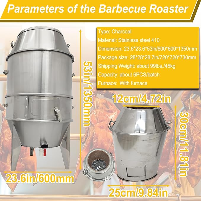 Charcoal Roast Duck Oven Commercial BBQ Roaster, 3-Tier Multifunctional Stainless Steel Grill with Hooks, Tail Pins for Duck/Chicken/Turkey/Pig/Vegetables Roasting in Restaurant/Home/Outdoor
