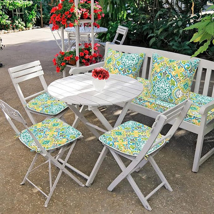 DYTXIII Set of 4 Outdoor Chair Cushions with Ties,Water Repellent Patio Chair Pads 17"x 16" for Outdoor Furniture,Round Corner Seat Cushions for Garden Yard Kitchen Damask Green