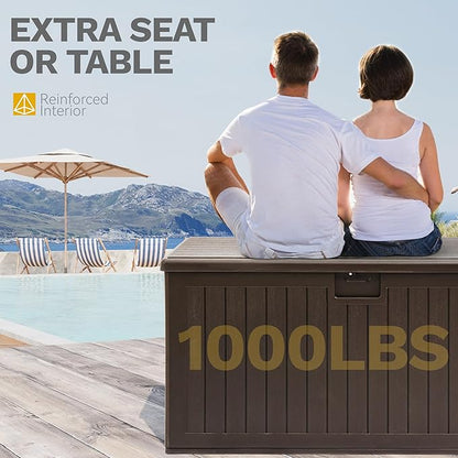 DWVO 180 Gallon Resin Outdoor Storage Box, XXL Double-Wall Waterproof Deck Box, Doubles as Table or Seating with 1000 lbs Capacity, Lockable (Brown)