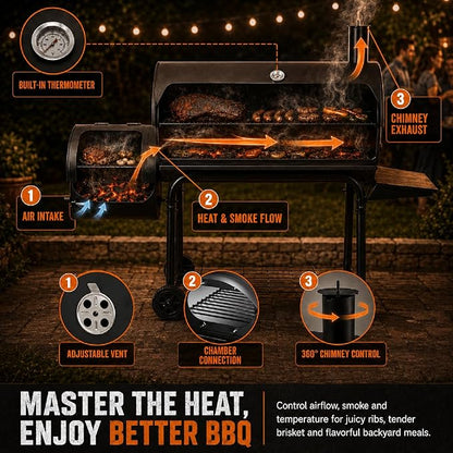 Realcook Charcoal Grill with Offset Smoker: Spacious Barrel Charcoal Grills with 800 Sq. In. Cooking Space - BBQ Offset Smoker Combo for Backyard Parties Weekend Barbecues Gatherings