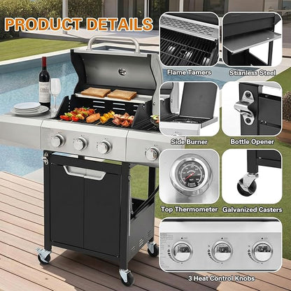 Endark 3-burner propane grill, 40,500 BTU with side-fire function. Stainless steel, enameled cast iron grate, thermometer, wheels. Perfect for patio and garden cooking
