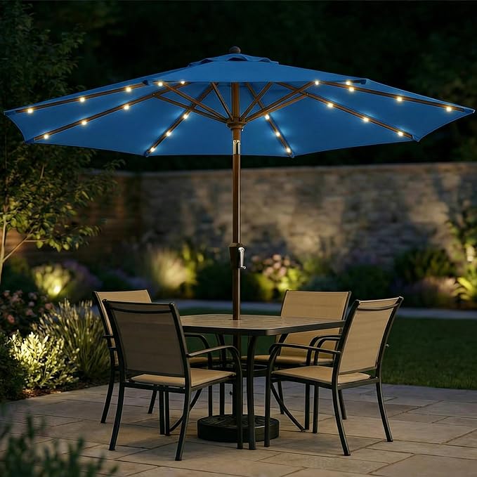 10FT Solar Patio Umbrella with Lights, Outdoor Table Market Umbrella with 32 LED Lights, 8 Sturdy Ribs, Push Button Tilt and Crank for Pool, Deck and Garden, UV-Resistant