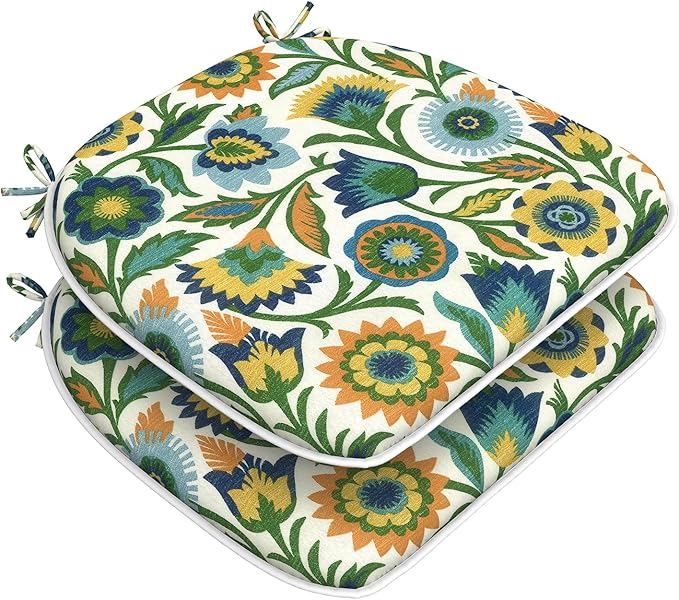 DYTXIII Set of 2 Outdoor Chair Cushions with Ties, Water Repellent Patio Chair Pads 17"x 16" for Outdoor Furniture, Round Corner Seat Cushions for Garden Yard Kitchen Fiesta Floral