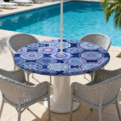 Outdoor Tablecloth with Umbrella Hole and Zipper Fits 61-65" Tables | Waterproof Round Fitted Tablecloth with Elastic Edge, Wipeable Outdoor Table Cover for Patio, Garden, Picnic