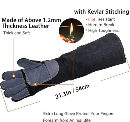 WZQH 21.3 In Leather Welding Gloves for Animal Handling,Grabbing Reptile, Grooming,Trips to Vet,BBQ,Fireplace.Puncture & Scratch Resistant, Bite Proof for Cat Dog Bird Falcon Livestock Snake M Black