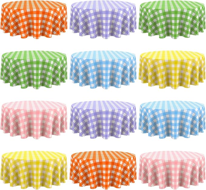 Disposable Checkered Tablecloth Round Plastic Buffalo Plaid Table Cloth 84'' Gingham Tablecover for Picnic Camping BBQ Graduation Party (Multicolor,12 Pieces)