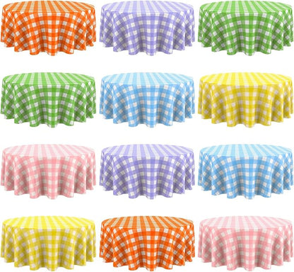 Disposable Checkered Tablecloth Round Plastic Buffalo Plaid Table Cloth 84'' Gingham Tablecover for Picnic Camping BBQ Graduation Party (Multicolor,12 Pieces)