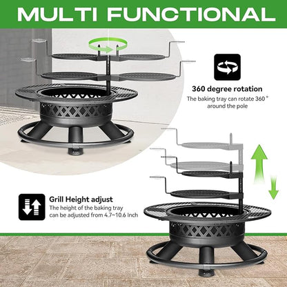 Panovue 47 Inch Outdoor Wood Burning Fire Pit with 2 Grills,Extra Large 3-in-1 Fire Pit with Metal Lid & Fire Poker, Heavy Duty BBQ Firepits for Outside, Backyard, Bonfire, Patio & Party (47'' Black)
