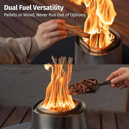 East Oak Fuoco Smokeless Fire Pit 7'' for Patio and Outdoor, 3-in-1 Ash Pan | Portable Wood & Pellet Tabletop Firepit | Stainless Steel 120% More Efficient Burn | Easy Ignition & Compact Design