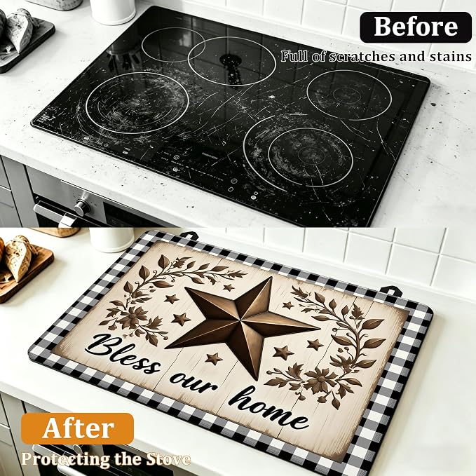 Rustic Wood Star Glass Top Stove Cover Protector,Farmhouse Heat Resistant Stove Top Cover, Large Size Range Covers for Electric Stove Countertop Mat, 28 x 20 Inch