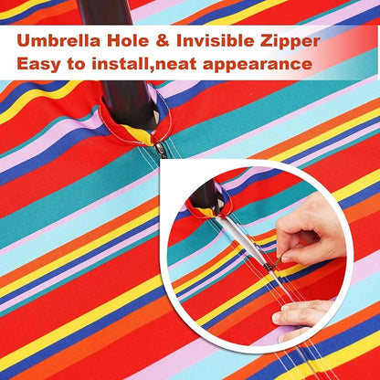 SquarePie Outdoor Tablecloth with Umbrella Hole and Zipper Rectangle Spillproof Stain Resistant Table Cloth Cover for Patio Picnic Camping Poolside BBQs Host Backyard, 60x104 Inch Color Stripe