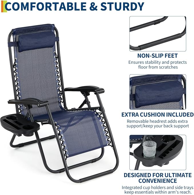 Garvee Outdoor Reclining Lounge Chair Set of 2 with Cup Holder & Padded Headrest, Adjustable Patio Folding Chairs, Heavy Duty Portable Camping Lawn Chairs for Pool, Backyard, Beach, Deck Blue