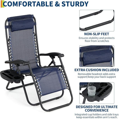 Garvee Outdoor Reclining Lounge Chair Set of 2 with Cup Holder & Padded Headrest, Adjustable Patio Folding Chairs, Heavy Duty Portable Camping Lawn Chairs for Pool, Backyard, Beach, Deck Blue
