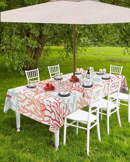 Red Orange Grey Coral Coastal Outdoor Tablecloth - 52x70 Inch Rectangle Waterproof Dining Table Cover, Summer Beach Sea Nautical Outdoor Table Cloth with Umbrella Hole & Zipper for Patio