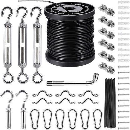 Outdoor String Light Hanging Kit Includ 164 FT Nylon Rope Cable | 304 Stainless Steel Turnbuckle & Hooks,Globe Light Suspension Kits,Patio Lights Guide Wire,Enough Accessories,Use Manual