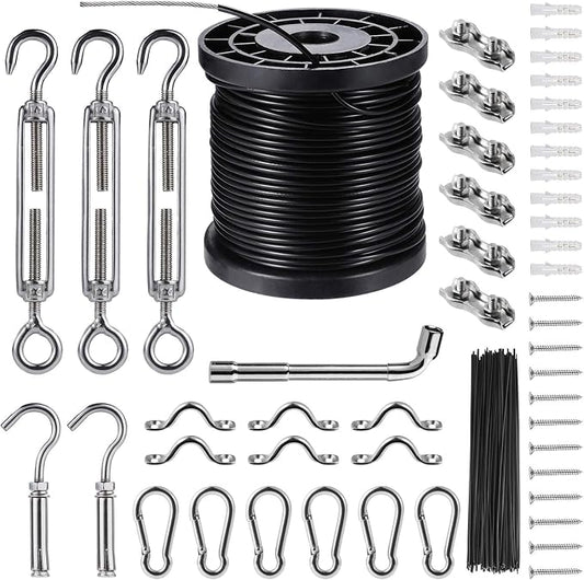 Outdoor String Light Hanging Kit Includ 164 FT Nylon Rope Cable | 304 Stainless Steel Turnbuckle & Hooks,Globe Light Suspension Kits,Patio Lights Guide Wire,Enough Accessories,Use Manual