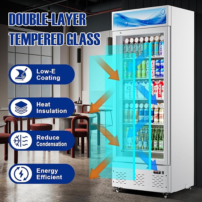 26.8'' W Commercial Beverage Refrigerator, 15 Cu.ft Upright Display Merchandiser Cooler Fridge with LED Light, Adjustable Shelves & Lockable Door for Restaurant Grocery Stores Home, White