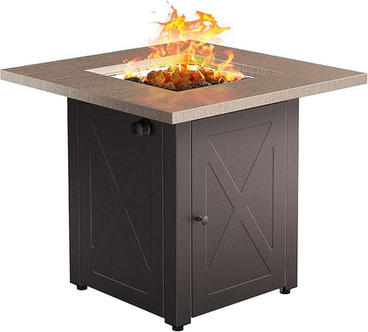 LEGACY HEATING 28 Inch Outdoor Gas Square 50000 BTU Fire Pit Table with Lid, Bionic Wood Grain Propane fire pits Tables for Outside Backyard Garden Camping Party