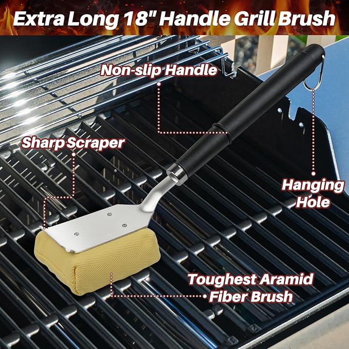 TNTOR Grill Brush Bristle Free with Scraper, 2 Removable BBQ Clearning Brush Head and 18" Handle BBQ Grill Brush for Outdoor Grill, Grill Tools for Grill/Smoker/Gas/Charcoal, Grill Gifts for Dads