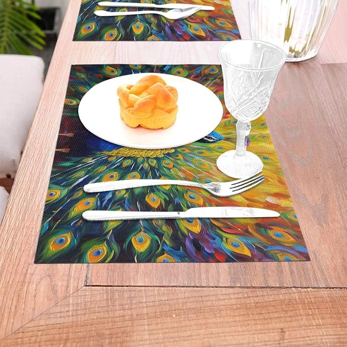 Beautiful Peacock Placemats Set of 4 Linen 12x18 Inch | Washable Heat-Resistant Cute Kitchen Table Mats for Dining Outdoor Farmhouse Holiday Home Decor