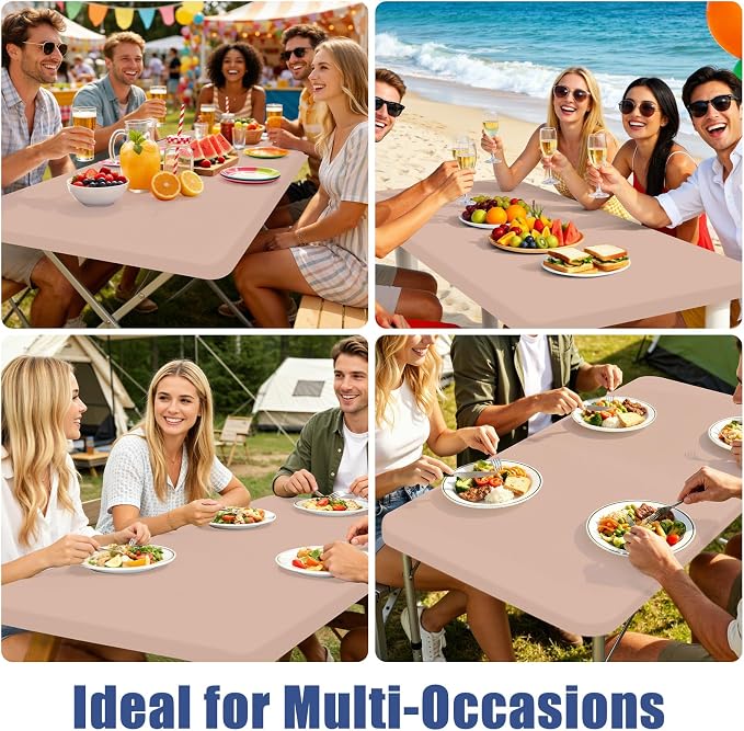 Moosfor 2 Pack Rectangle Spandex Fitted Table Cloth, 8FT Elastic Tablecloth | Washable Picnic Table Cover, Stretch Waterproof Table cloths for Party, Patio, Dining, Kitchen, 30" x 96", Nude