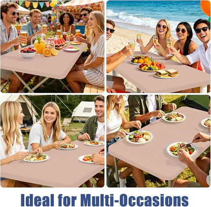 Moosfor 2 Pack Rectangle Spandex Fitted Table Cloth, 8FT Elastic Tablecloth | Washable Picnic Table Cover, Stretch Waterproof Table cloths for Party, Patio, Dining, Kitchen, 30" x 96", Nude
