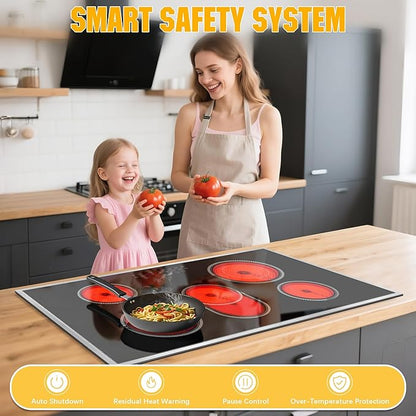 Electric Cooktop 36 Inch, 5 Burners Electric Stove Top Touch Control, 8400W Built-in Ceramic Stovetop 36" with Expandable Zone, Child Lock, Timer, Pause Control, 220-240v Hardwired (No Plug)