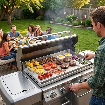 EUTRKei 17"x13" Stainless Steel Griddle for Gas Grill, Plancha Para Cocinar | Reinforced Flat Top with Grease Groove, Effortless Cleanup for Backyard BBQ, Tailgating, Camping & Family Parties