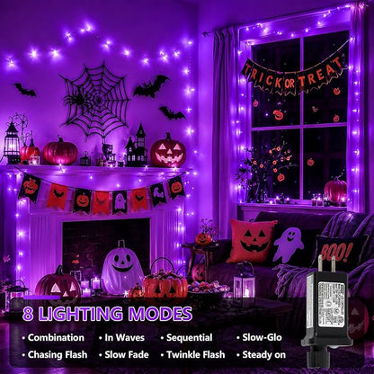 YEGUO 328ft 1000 LED Halloween Lights Outdoor Waterproof, Purple String Lights Indoor Plug in, 8 Modes Clear Wire Purple Lights for Halloween Holiday Home Tree Garden Patio Decor