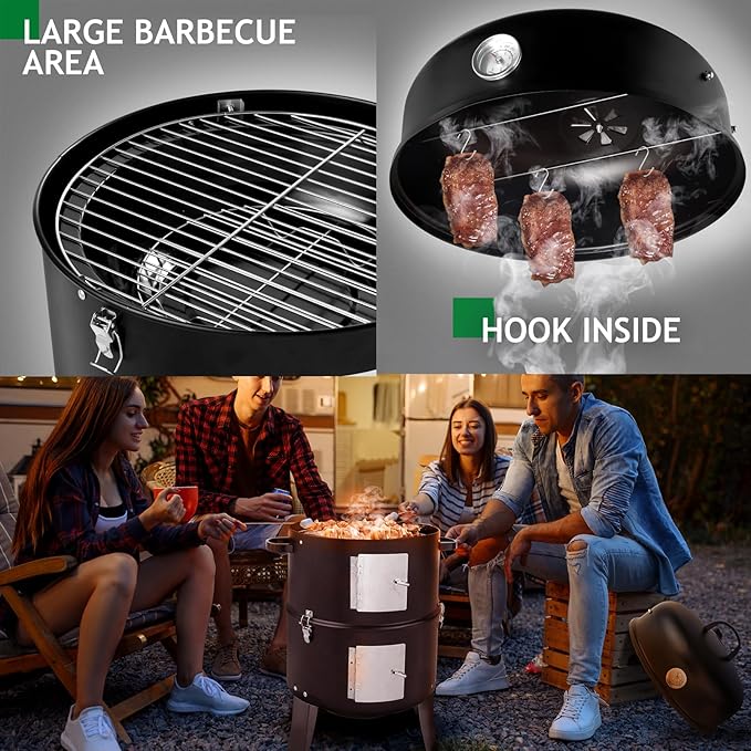 Round Charcoal Grill Portable Barbecue Grills with Thermometer, Double Layer Iron BBQ Grill for Garden Party Picnic Hiking Travel Backyard Cooking, Easy to Assemble, Asadores de Carbon (Black)