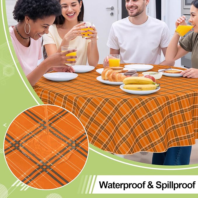 Smiry Picnic Table Cloth, Vinyl Tablecloths with Flannel Backing, 60" Round | Waterproof Picnic Table Cloth, Wipeable Vintage Plaid Table Cover for Indoor and Outdoor (Brown & Orange)