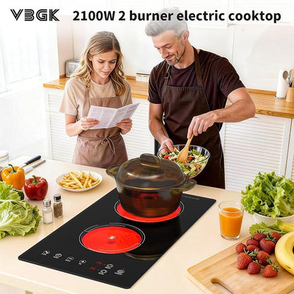 VBGK Electric Cooktop,110V 2100W Electric Stove Top with LED touch Control,9 Power Levels, Kids Lock & 4H Timer,Overheat Protection stove,12 Inch 2 burner cooktop