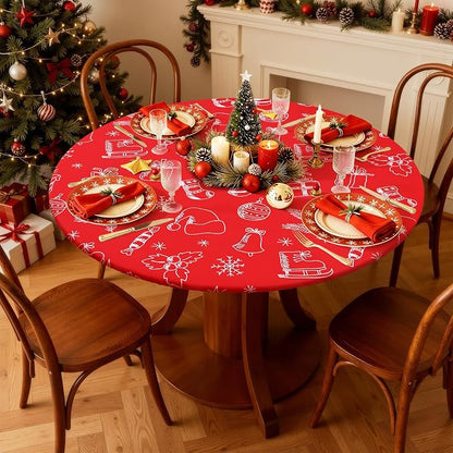 Smiry Round Spandex Tablecloth, Elastic Fitted Washable Tablecloths for 57"-68" Tables, Waterpoof Stretch Picnic Table Cover for Dining, Indoor and Outdoor, Holly Berry & Gift