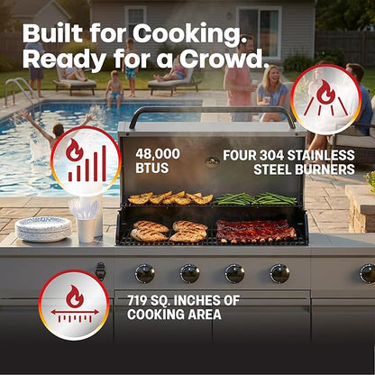 Tytus Fresno 5-Burner Propane or Natural Gas Island Grill – 864 sq. in. Cooking, 48,000 BTU Main + 12,000 BTU Side Burner, Porcelain Grates, Storage Cabinets, Semi-Portable - GM/Ash Stone Starter Kit