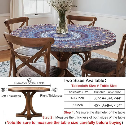 opstellen Fitted Round Tablecloth for 45-54" Inch Table Boho Waterproof Vinyl Reusable Summer Fall Tableclothes Campers Inside Outdoors Supplies Kitchen Dining Room Needs White Elephant Gifts
