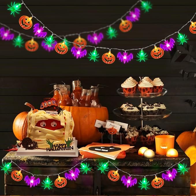2 Pack Halloween Lights Outdoor Indoor Decorations Total 40FT 60 LED Pumpkin Bat Spider Halloween String Lights Battery Operated, 8 Modes Waterproof Cute Fairy Lights for Home Office Outside Decor