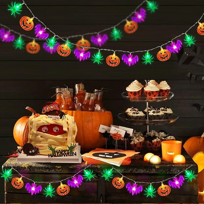 2 Pack Halloween Lights Outdoor Indoor Decorations Total 40FT 60 LED Pumpkin Bat Spider Halloween String Lights Battery Operated, 8 Modes Waterproof Cute Fairy Lights for Home Office Outside Decor