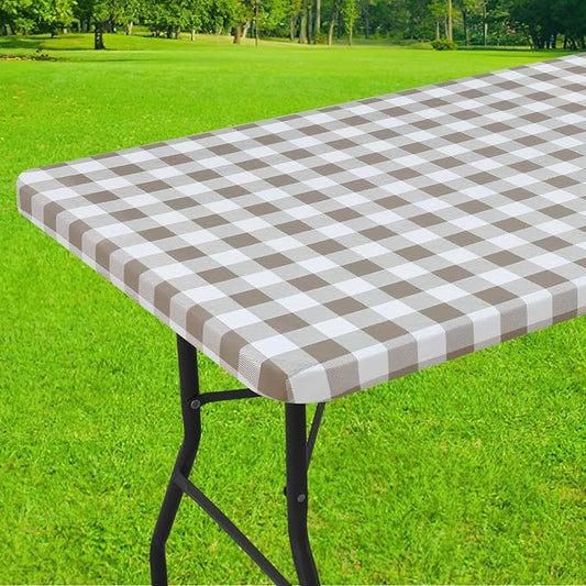 Smiry Rectangle Picnic Table Cloth, Elastic Waterproof Fitted Vinyl Tablecloths, Flannel Backed Buffalo Plaid Table Covers for Dining, Camping, Outdoor (White and Khaki, 36" x 60")