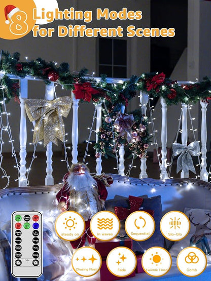 Guhope Christmas Lights 600LED 98FT, Waterproof Outdoor String Lights with Remote and Timer, 8 Modes Dimmable Fairy Lights for Indoor Outdoor Wedding Party Holiday Decorations (Cool White)