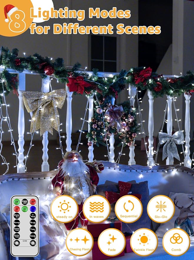 Guhope String Lights 1200LED 196FT, Waterproof Outdoor String Lights with Remote and Timer, 8 Modes Dimmable Fairy Lights for Indoor Outdoor Wedding Party Holiday Decorations (Cool White)