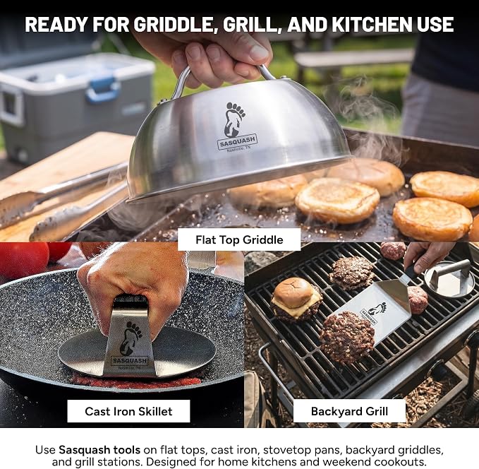 Sasquash Mammoth Smash Burger Spatula, Stainless Steel, 6 x 5.5 Inch Blade | Extra Wide Turner Built For Kitchen Use, Heavy Duty Flat Top Cooking Tool, Griddle Cooking Essential Item, Cookout Season