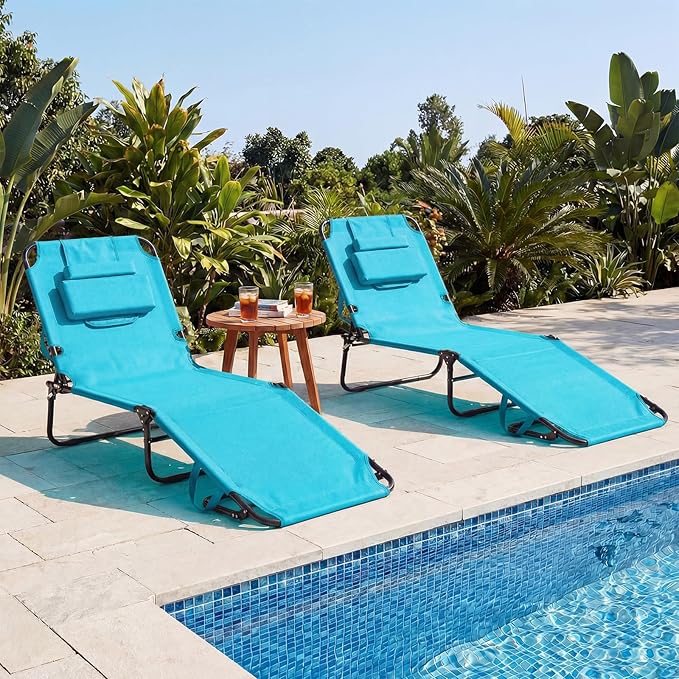 GYMAX Tanning Chair, Folding Lounge Chairs with Face Hole & Cover, Removable Pillow Carry Handle, Portable Compact Outdoor Layout Recliner for Beach, Poolside, Lawn, Patio, Camping (Turquoise,2)